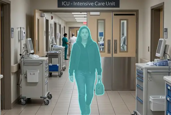 AI segmentation mask on a non-staff person approaching the ICU entrance