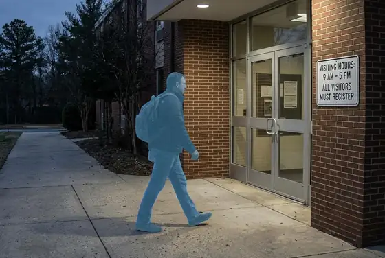 AI segmentation mask on a visitor entering outside posted visiting hours