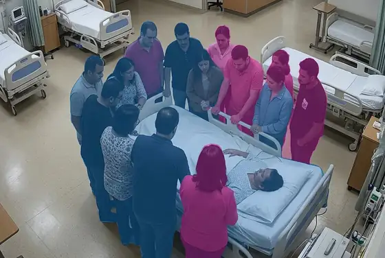 AI segmentation mask on too many visitors gathered around one patient bed