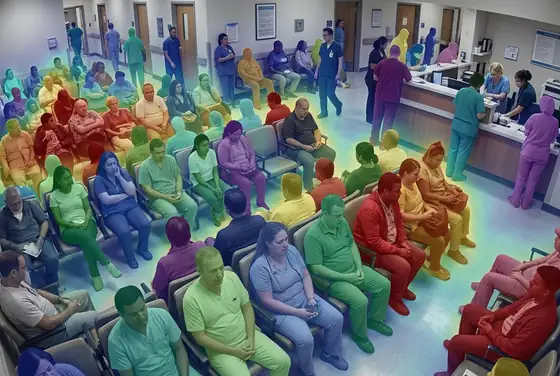 AI segmentation mask on a packed emergency department waiting room, density heat overlay