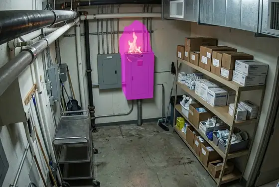 AI segmentation mask on a small early flame in a hospital utility room, fire detection