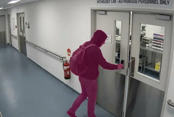 AI segmentation mask on an unauthorised person entering a pathology lab
