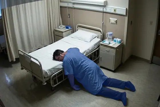 AI segmentation mask on a collapsed person motionless in a ward, man-down detection