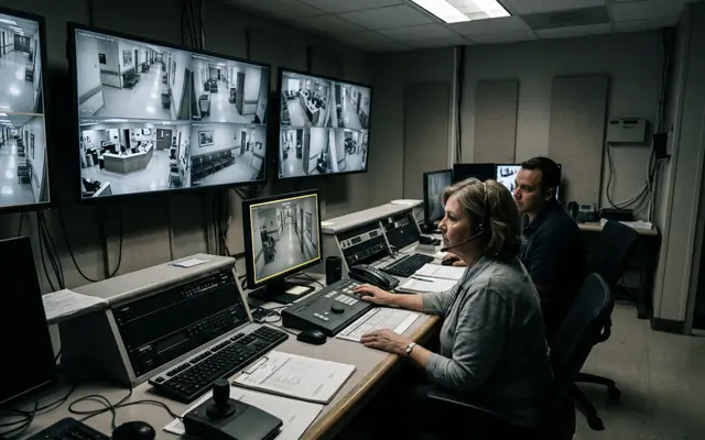 Operators in a modern safety control room verifying alerts on a video wall