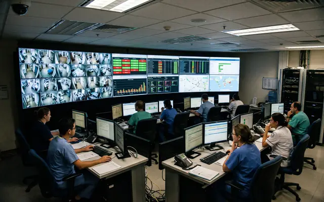 A wall monitor showing a live safety operations dashboard with charts and camera tiles