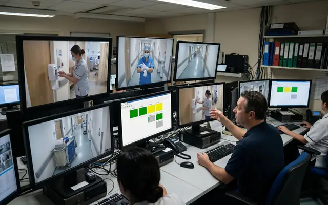 Outdoor workers under harsh midday sun with a heat-stress overlay, poor-practice and compliance monitoring