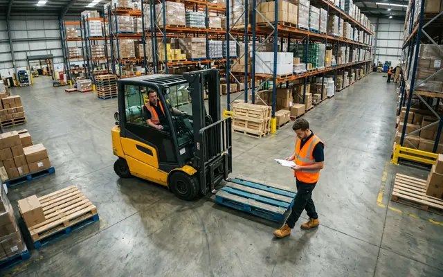 A forklift operating close to a pedestrian worker inside a warehouse