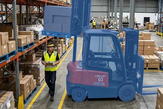 AI segmentation mask on a forklift overtaking a worker inside a pedestrian aisle