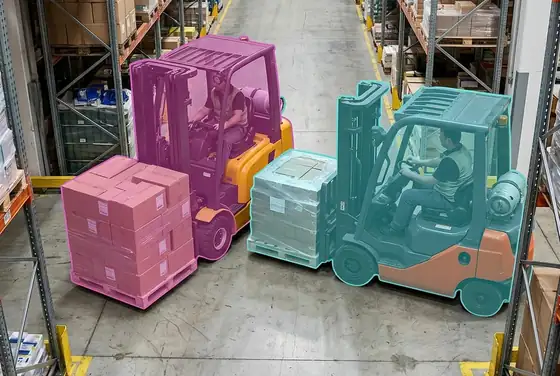 AI segmentation mask on two forklifts passing each other too close in a narrow aisle