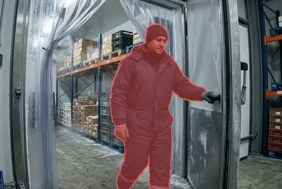 AI segmentation mask on a cold-store worker entering without eye protection in low temperature