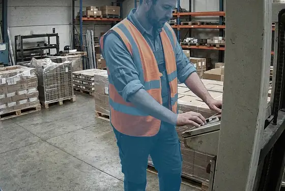 AI segmentation mask on a worker whose hi-vis vest is unzipped and sleeves rolled