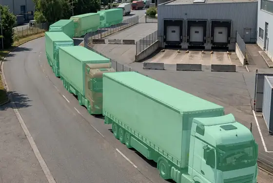 AI segmentation mask on trucks queueing outside a closed loading bay