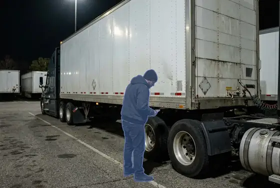 AI segmentation mask on a person loitering beside a parked trailer at night