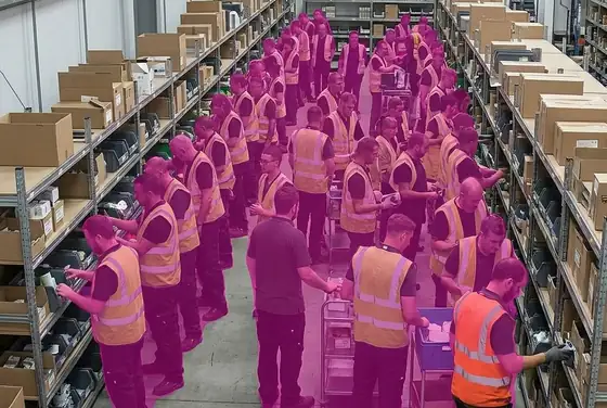 AI segmentation mask on a crowd over the allowed headcount in a picking zone
