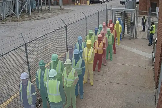 AI segmentation mask on workers queueing outside the gate at shift change