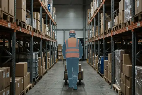 AI segmentation mask on a lone worker left alone in a remote aisle