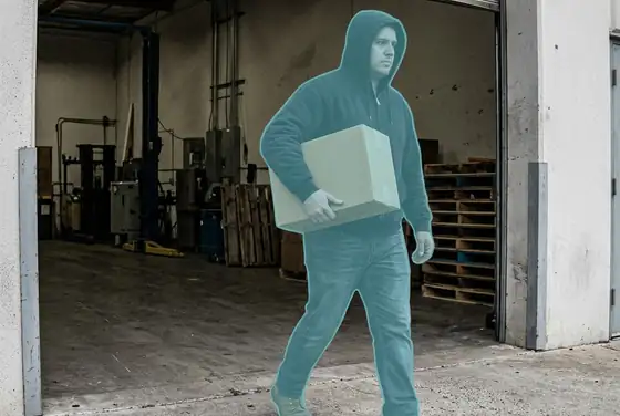 AI segmentation mask on a person carrying an unmarked parcel out of a bay