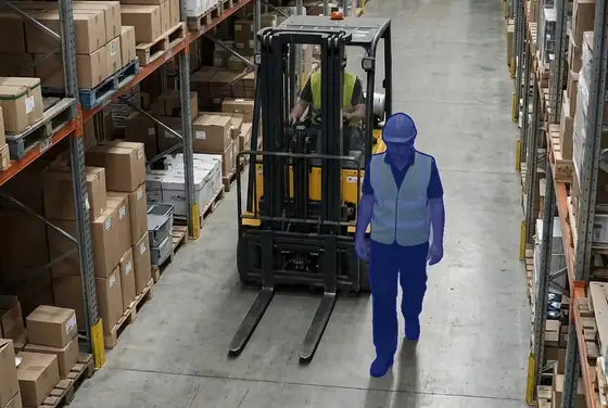 AI segmentation mask on a forklift driving close to a pedestrian worker in a warehouse aisle
