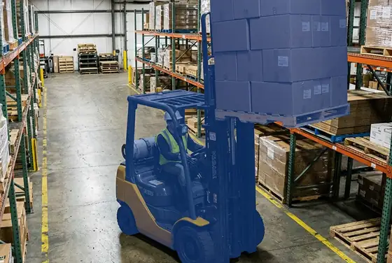 AI segmentation mask on a forklift moving with the load raised above safe travel height