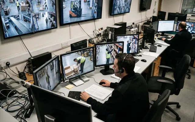 A worker with a glowing skeletal pose-estimation overlay analysing their posture