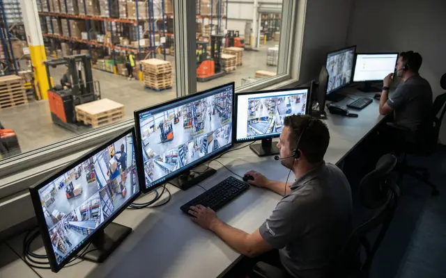 Operators in a modern safety control room verifying alerts on a video wall