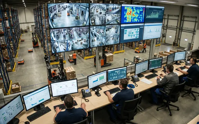 A wall monitor showing a live safety operations dashboard with charts and camera tiles