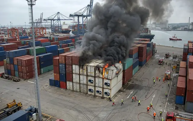 Early-stage fire with small flames and smoke beginning among stacked site materials