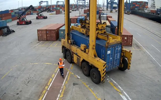 A forklift operating close to a pedestrian worker inside a warehouse