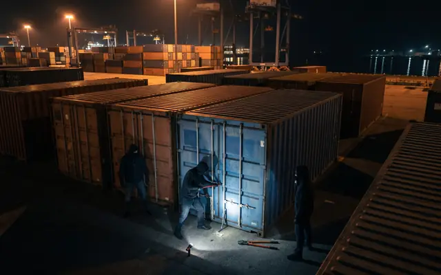 A large industrial site at night with only a few pools of light and large dark areas