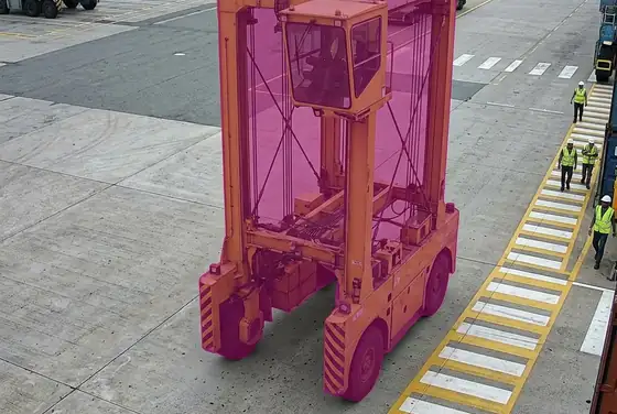 AI segmentation flagging a straddle carrier approaching a pedestrian walkway