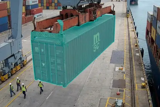 AI segmentation flagging a swinging container suspended over a quay walkway