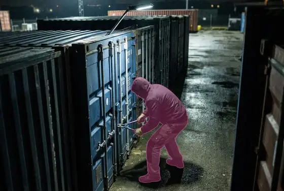 AI segmentation flagging a person breaking a container seal at night in a yard