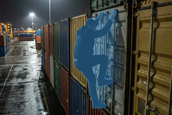 AI segmentation flagging an unauthorised person climbing a container stack at night