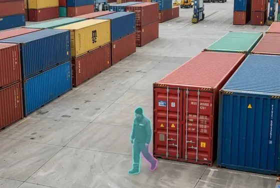 AI segmentation flagging a person lingering near a high-value container in the stack