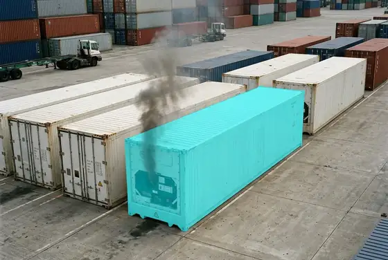 AI segmentation flagging a reefer container emitting smoke on the terminal yard