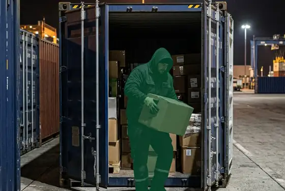 AI segmentation flagging a person lifting goods out of an open container door at night