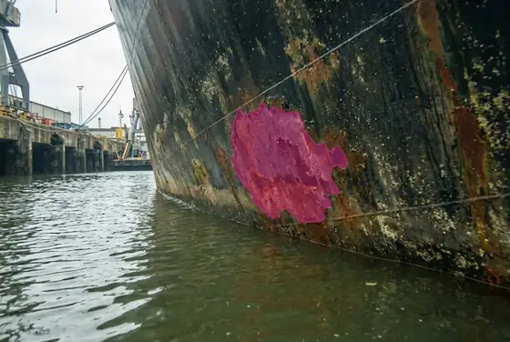 AI segmentation flagging a rust patch on a vessel hull near the waterline