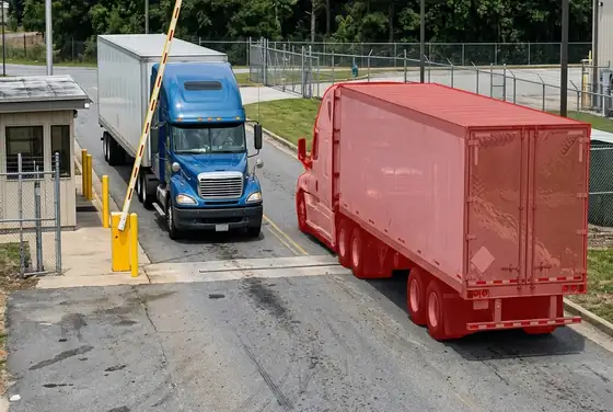 AI segmentation flagging a tail-gating truck following another through the gate boom