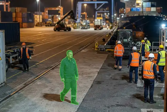 AI segmentation flagging a quay worker without a hi-vis vest at night