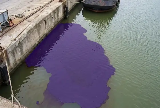 AI segmentation outlining an oil slick spreading on harbour water near a berth