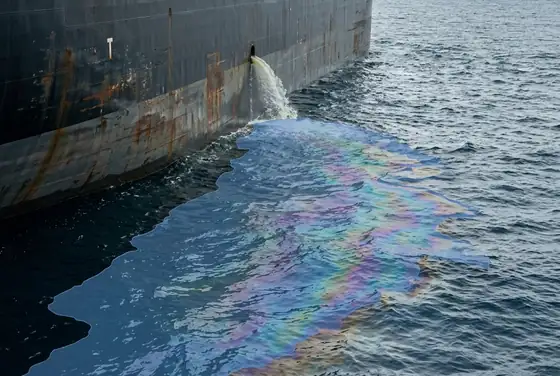 AI segmentation highlighting a rainbow sheen of bilge discharge from a vessel hull