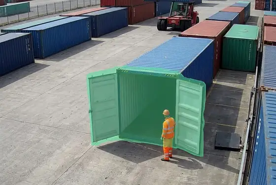 AI segmentation flagging an open container door during a yard inspection