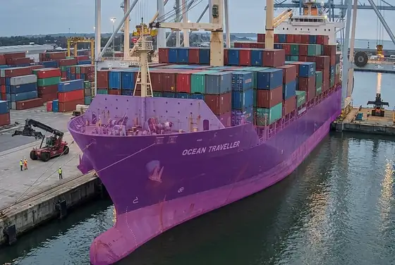 AI segmentation classifying a container vessel hull at a berth camera view