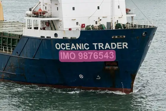 AI segmentation reading a vessel IMO number painted on the bow