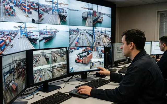Operators in a modern safety control room verifying alerts on a video wall