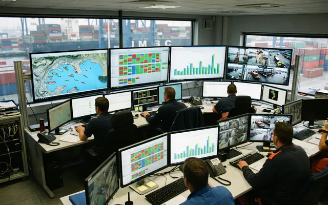 A wall monitor showing a live safety operations dashboard with charts and camera tiles