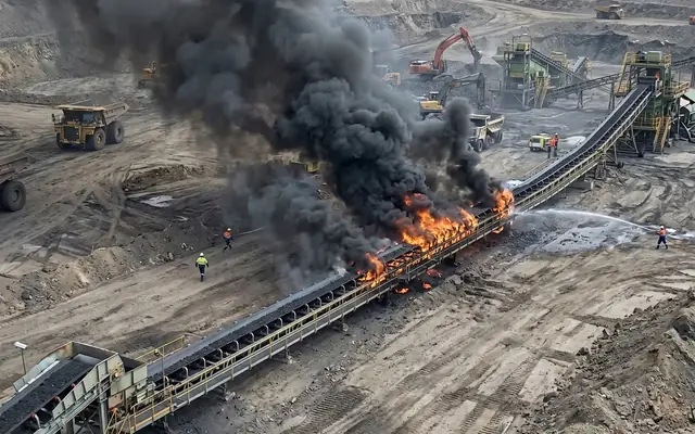 Early-stage fire with small flames and smoke beginning among stacked site materials