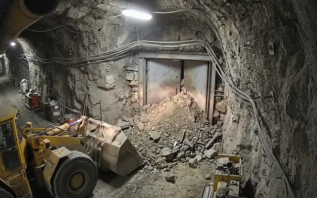 An emergency exit doorway blocked by stacked boxes and debris