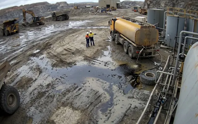 An oil and water spill spreading across a concrete factory floor
