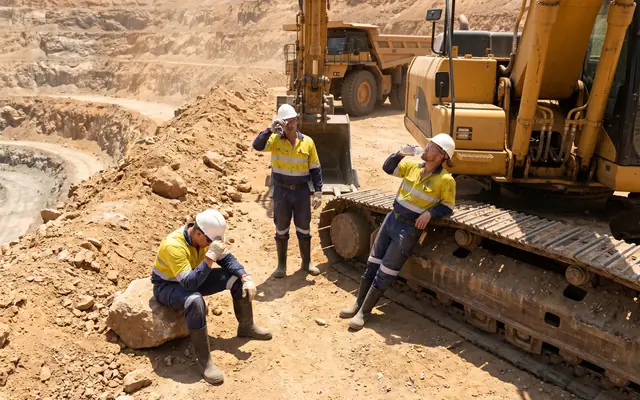Outdoor workers under harsh midday desert sun with visible heat haze